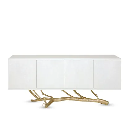 Picture White chest of drawers made of Artic Bird Eye wood veneer with brass base for a stylish living room - Ginger & Jagger