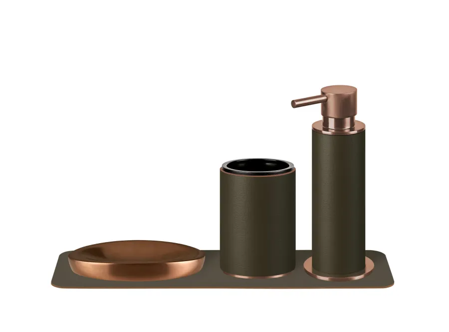 obrazek 2 Oliwkowy dozownik do łazienki Ø7xH19 cm ze skórzanym wykończeniem