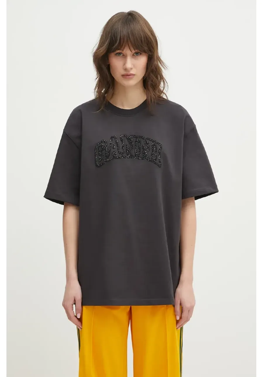 obrazek 1 GANNI t-shirt bawełniany Heavy Cotton Drop Shoulder damski kolor szary T4095