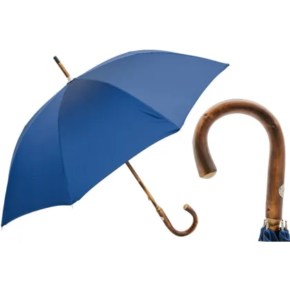 Picture Classic dark blue men's umbrella with a solid chestnut handle - Pasotti