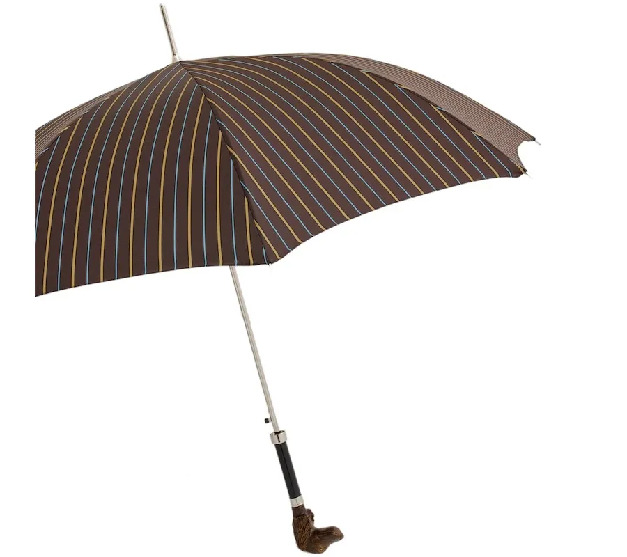 obrazek 7 Wyjątkowy brązowy parasol męski w pionowe paski z rączką w kształcie głowy psa – Pasotti