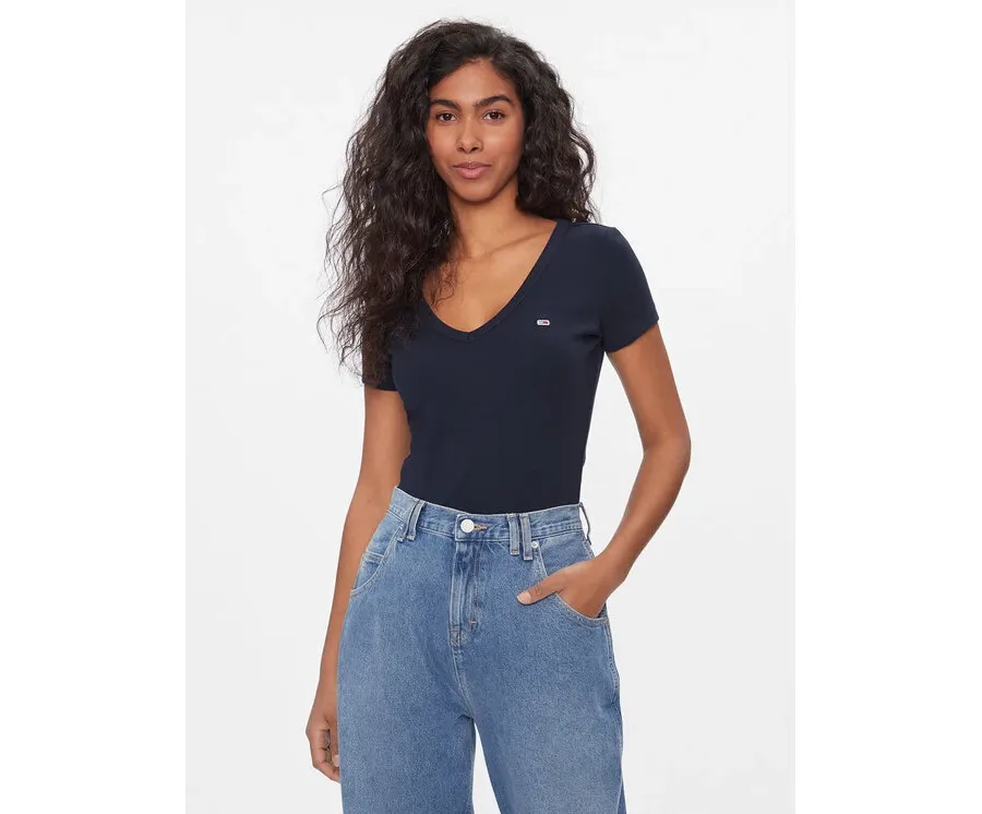 obrazek 1 Tommy Jeans T-Shirt Tjw Slim Essential Rib V Ss DW0DW17385 Granatowy Slim Fit