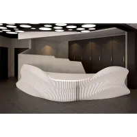 Picture Designer reception counter made of plywood