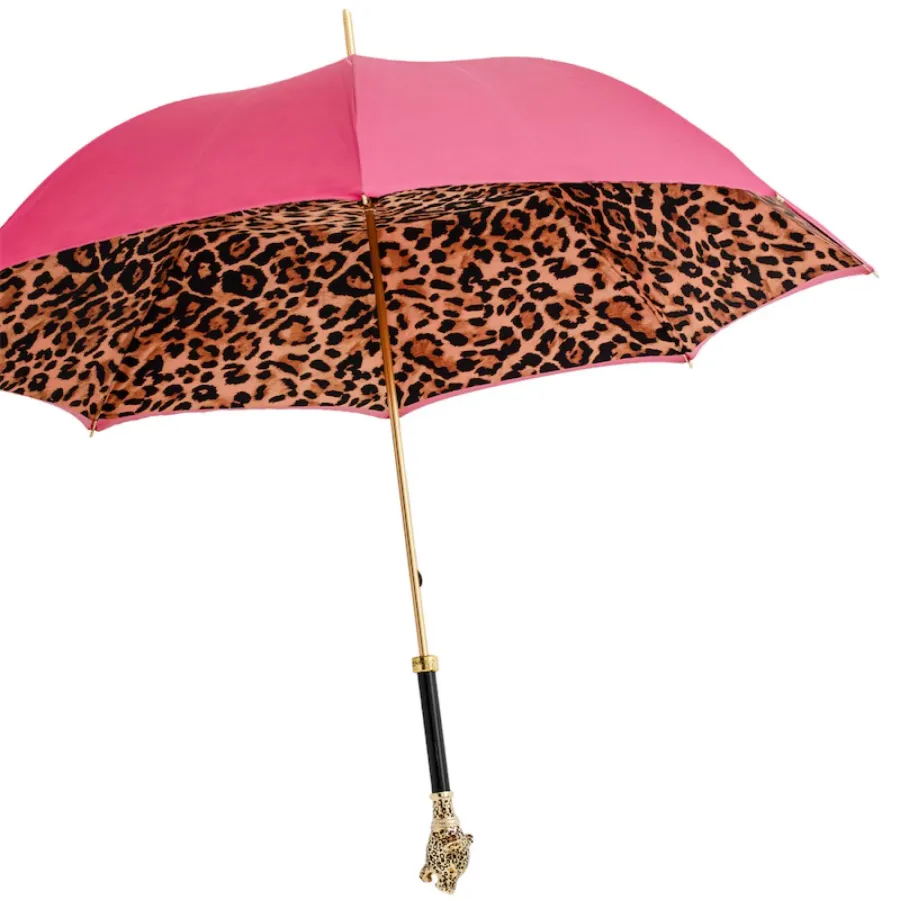 obrazek 8 Oryginalny różowo brązowy parasol damski zdobiony wzorem skóry pantery z rączką - głową pantery – Pasotti