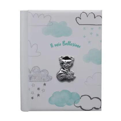 Picture A charming child's development journal made of artificial leather decorated with a silver teddy bear