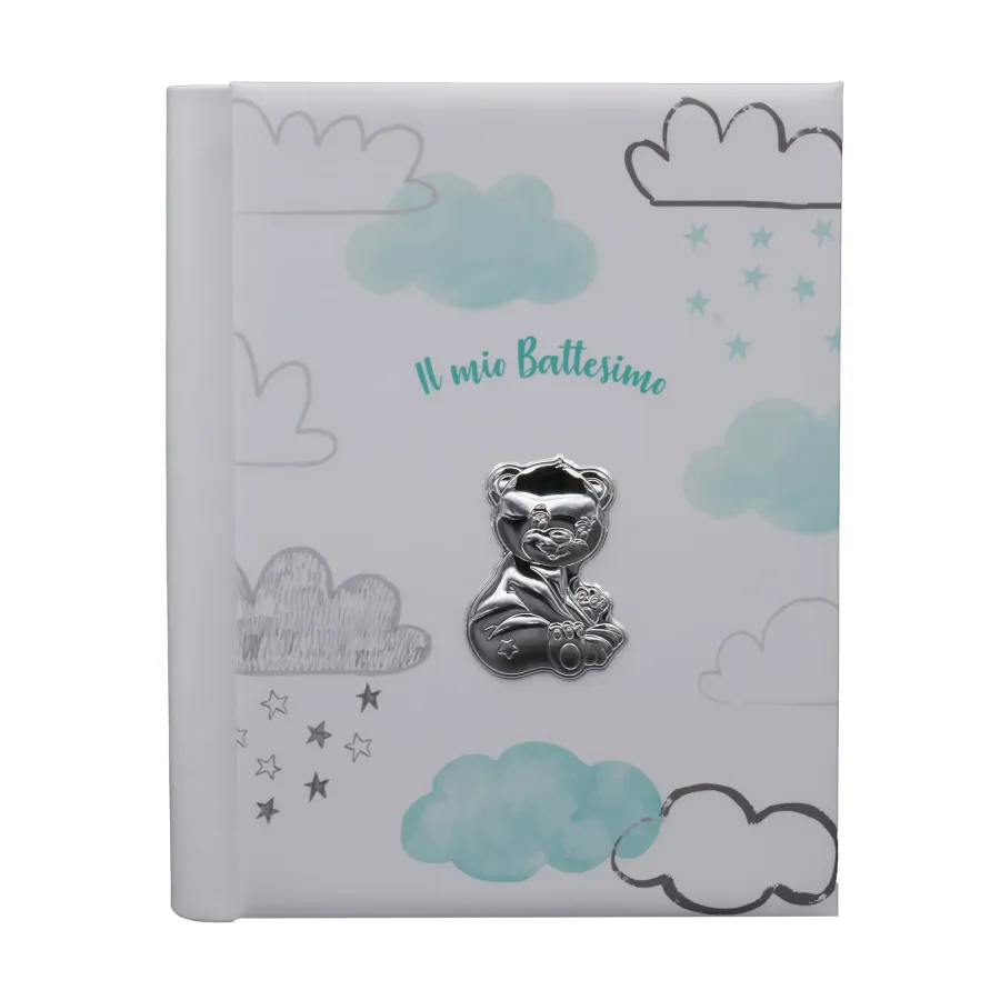 obrazek 1 Uroczy dziennik rozwoju dziecka ze sztucznej skóry zdobiony srebrnym misiem
