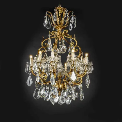Zdjęcie Złoty i kryształowy 10-punktowy żyrandol do salonu z lat pięćdziesiątych