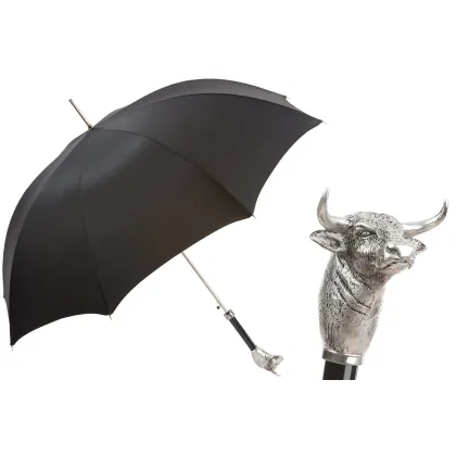 Picture Prestigious black men's umbrella with a handle in the shape of a silver bull's head - Pasotti