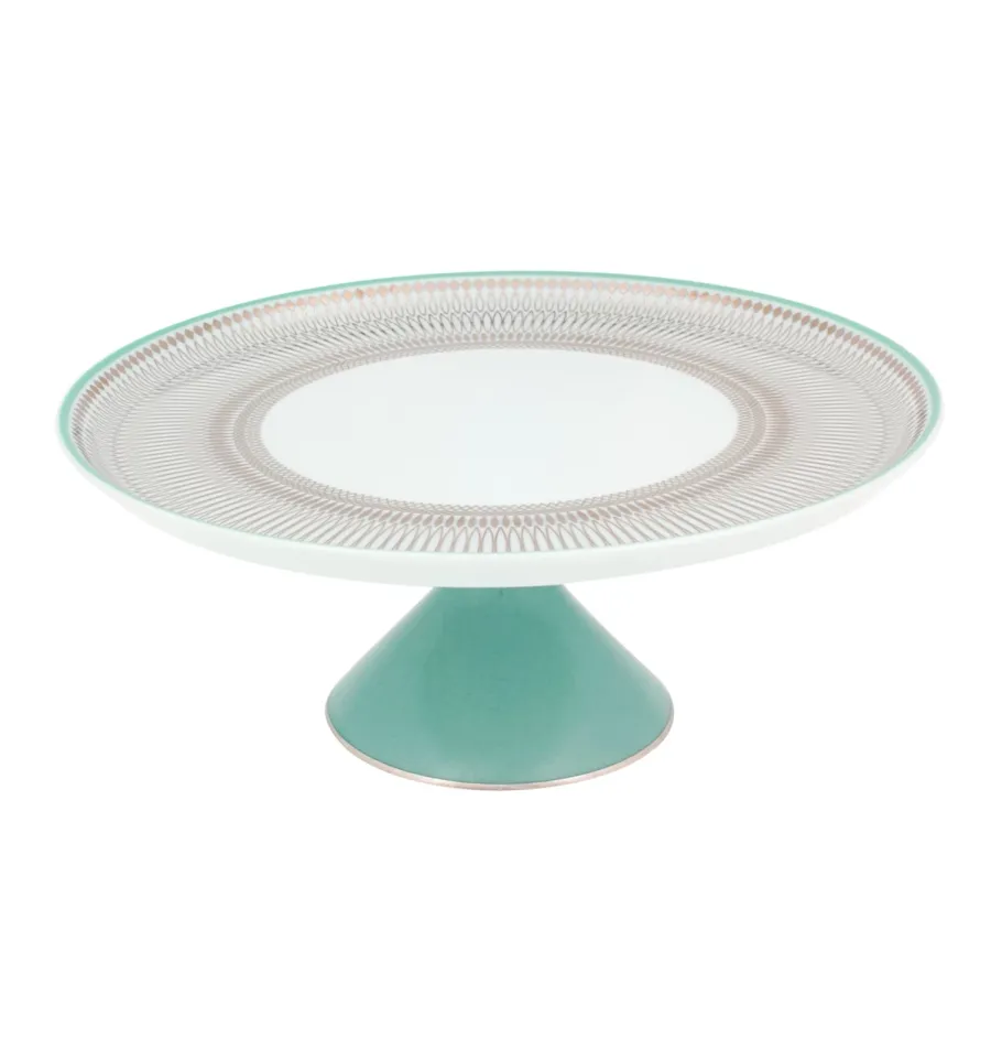 obrazek 1 Porcelanowa duża patera na ciasto na nóżce z kolekcji Venezia z bogatym turkusowym zdobieniem i platynowym wykończeniem - Vista Alegre
