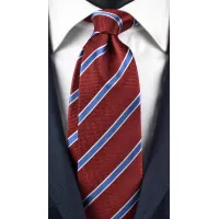 Picture A unique, burgundy tie with blue and white stripes