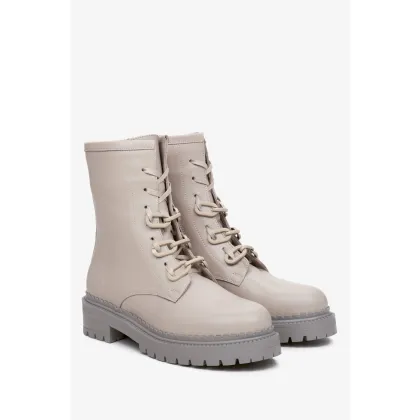 Zdjęcie Estro: Szare botki damskie ze skóry naturalnej ze zdobieniem