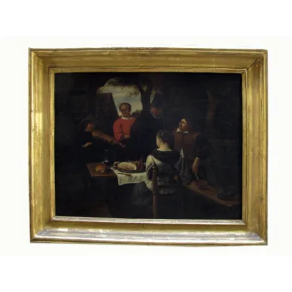 Picture An oil painting on canvas depicting figures listening to the music of a violinist