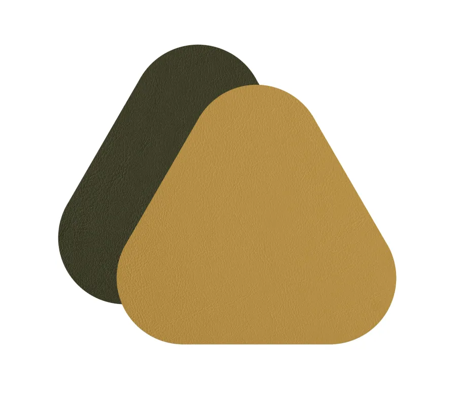 obrazek 1 Stylowa trójkątna podkładka pod kieliszek ze skóry w kolorze musztardowym i oliwkowym