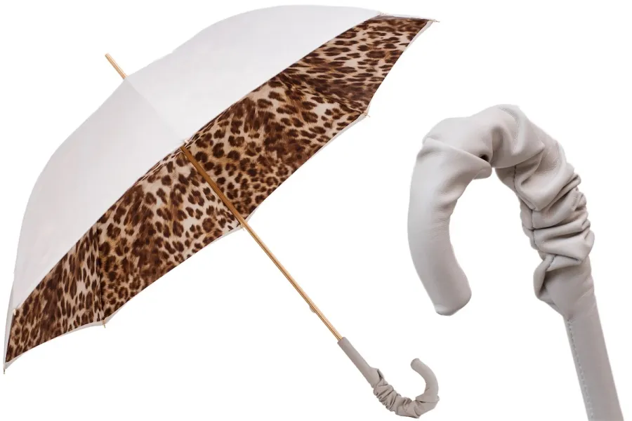 obrazek 1 Prestiżowy biały parasol damski zdobiony wzorem skóry leoparda – Pasotti