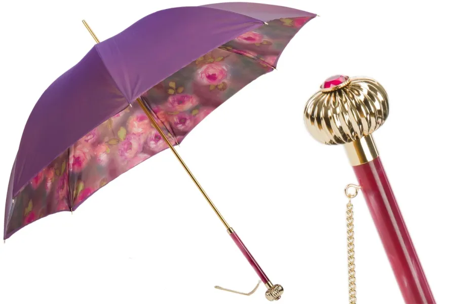 obrazek 1 Stylowy parasol damski w kolorze purpurowym z kwiatowym motywem ozdobnym – Pasotti