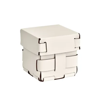 Zdjęcie Oryginalny biały koszyk Bottega 12x12xH13 cm z plecionymi skórzanymi ściankami