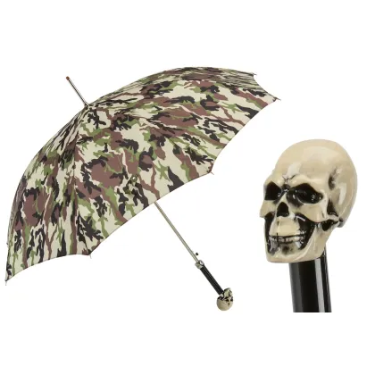 Picture Unique men's umbrella in a brown camouflage pattern with a skull-shaped handle - Pasotti