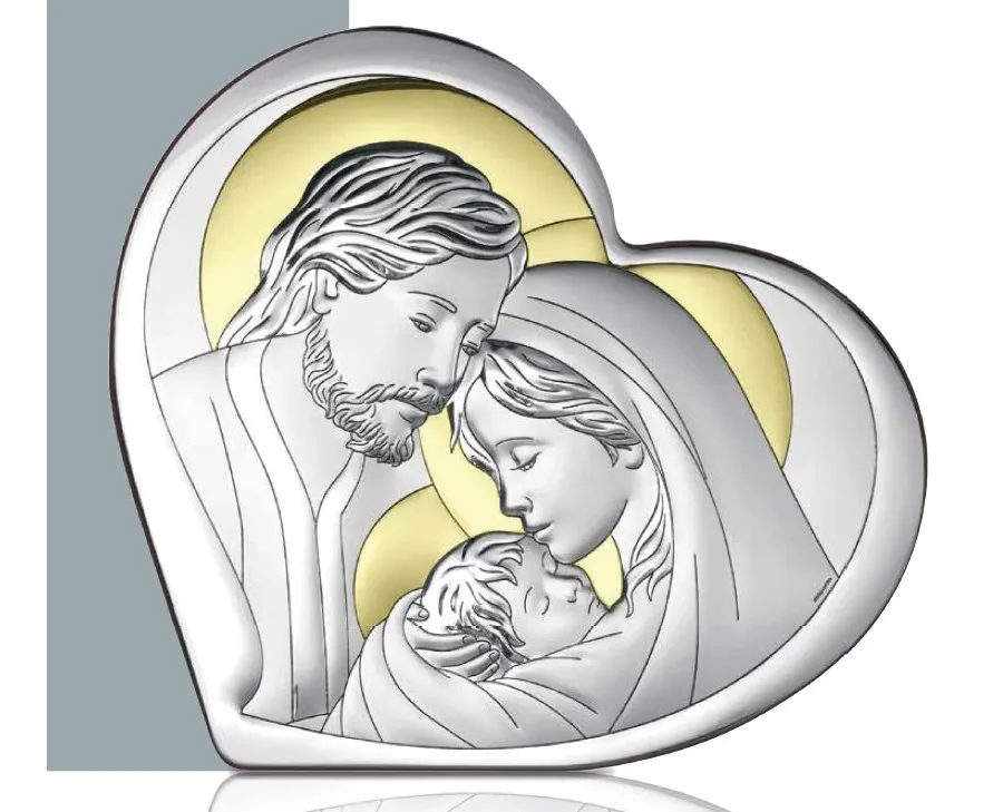 obrazek 1 Srebrny obrazek ze Świętą Rodziną w kształcie serca o wymiarach 15,5х14 cm