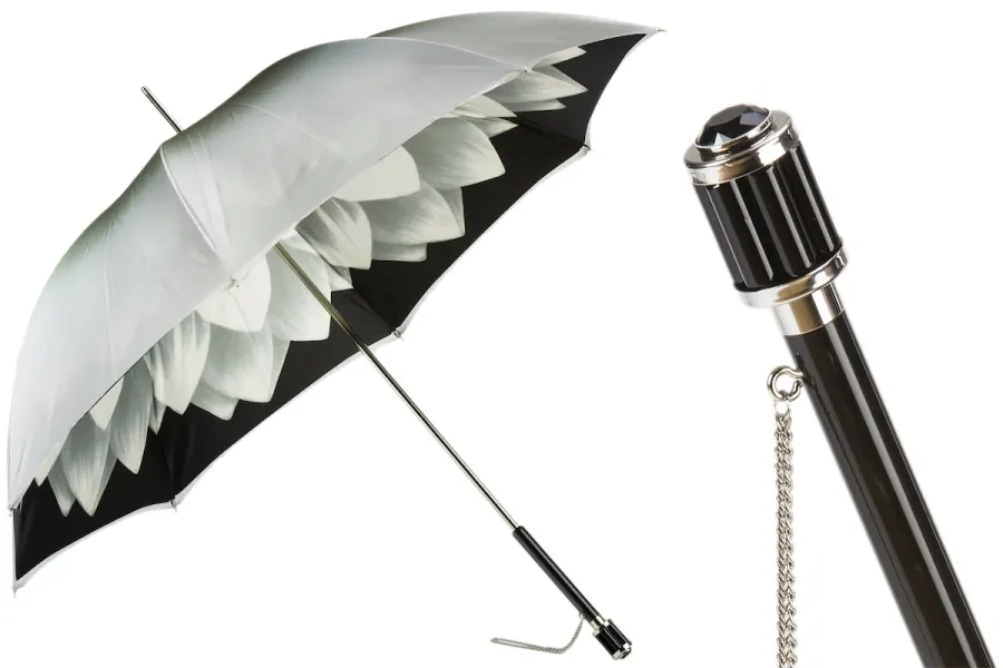 obrazek 1 Elegancki srebrno-czarny parasol damski zdobiony motywem kwiatu - Pasotti