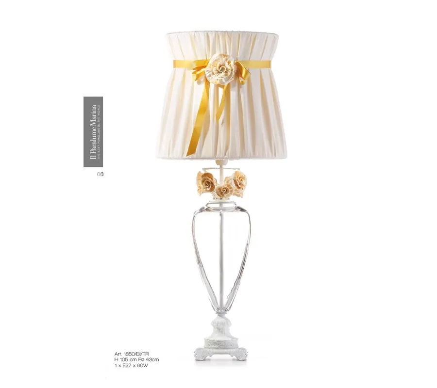 obrazek 1 Lampa stołowa z kryształu florenckiego i odlewanego mosiądzu ozdobiona żółtymi kwiatami ze szkła Murano - Il Paralume Marina