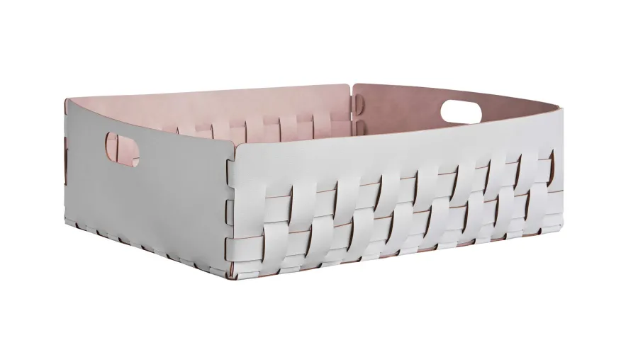 obrazek 1 Duży płaski kosz Bottega 60x50xH20 cm ze skóry w kolorze perłowym