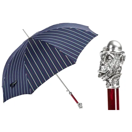 Picture Original navy blue men's striped umbrella with a handle in the shape of a monkey's head - Pasotti