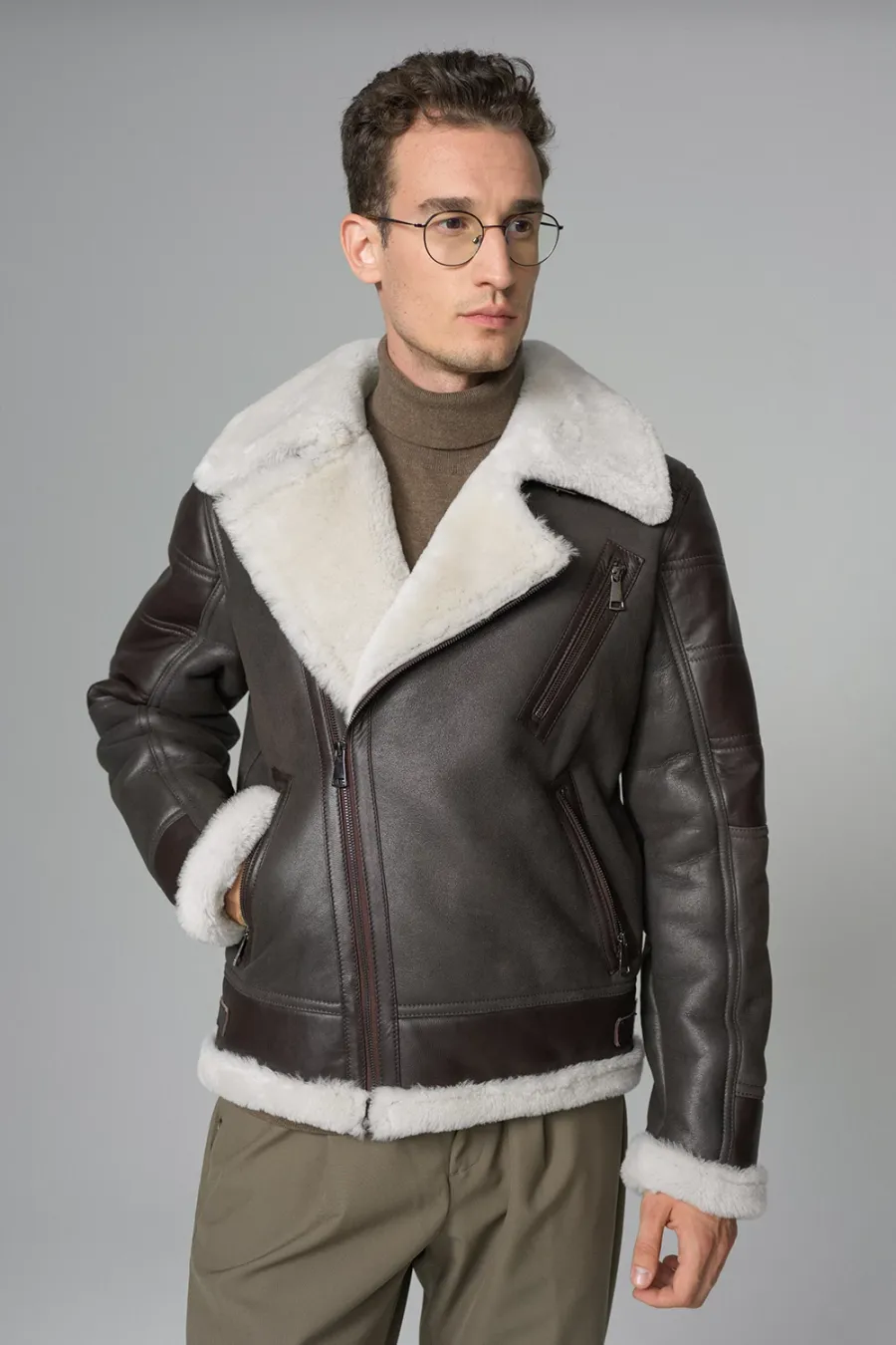 obrazek 1 Designerska skórzana kurtka męska z kożuchem