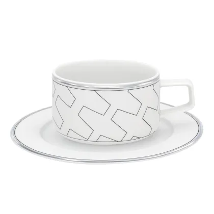 Picture Stylish Trasso tea cup and saucer with geometric platinum pattern - 4 pieces - Vista Alegre