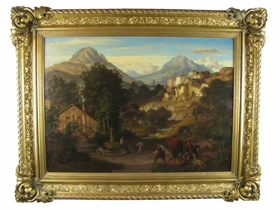 obrazek 4 Wspaniały alpejski krajobraz, bogaty w figury i różne perspektywy podpisany Ed Cohen 1866 Weimer