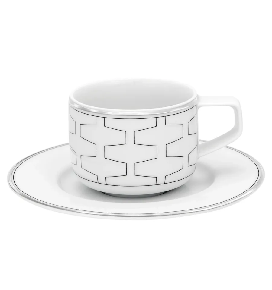 obrazek 1 Stylowa filiżanka do kawy ze spodkiem z porcelany Trasso z geometrycznym motywem i platynowym wykończeniem - Vista Alegre