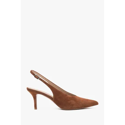 Zdjęcie Estro: Brązowe welurowe czółenka damskie typu slingback na obcasie