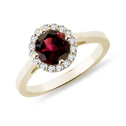 Zdjęcie Pierścionek z żółtego złota w stylu halo z granatem i brylantami KLENOTA