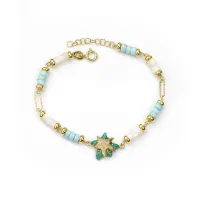 Picture A beautiful silver bracelet plated with 18-carat gold, with blue augite and white mother of pearl. Finished with white zircon and green enamel