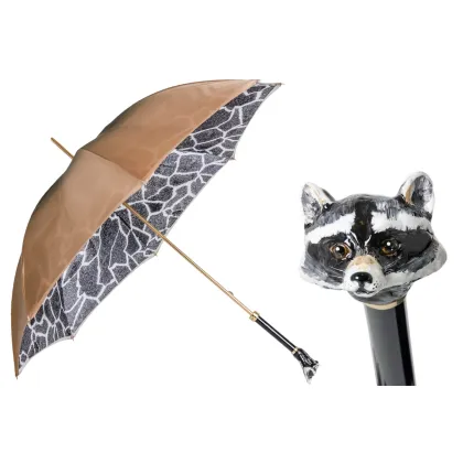 Zdjęcie Wyjątkowy beżowy parasol damski zdobiony wzorem w czarne łaty z rączką zdobioną głową szopa – Pasotti