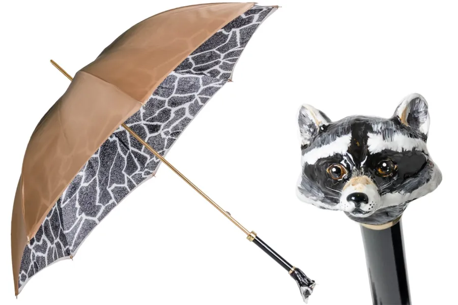 obrazek 1 Wyjątkowy beżowy parasol damski zdobiony wzorem w czarne łaty z rączką zdobioną głową szopa – Pasotti