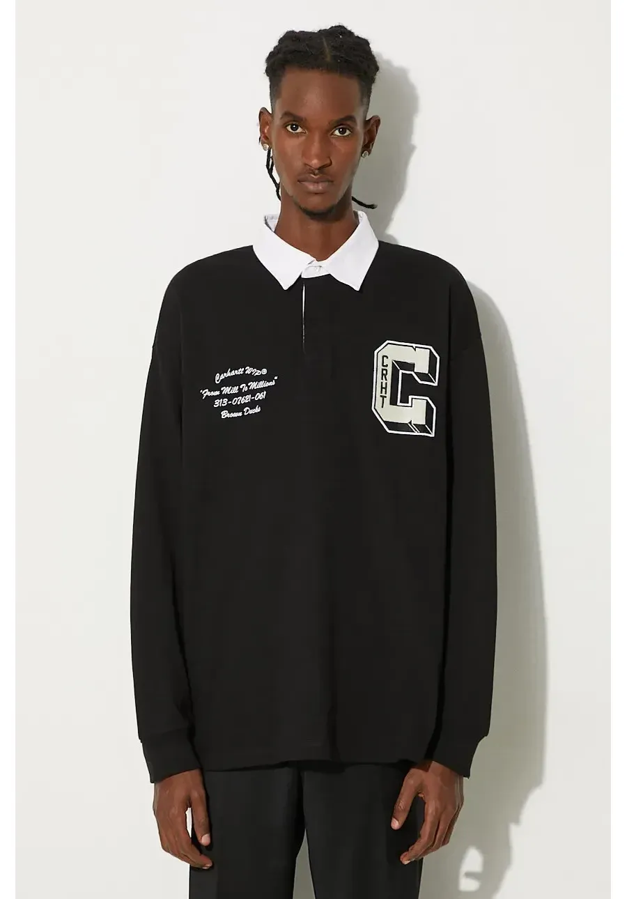 obrazek 1 Carhartt WIP longsleeve bawełniany Longsleeve Brown Ducks Rugby Shirt kolor czarny z aplikacją I033832.0D2XX