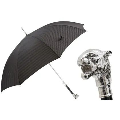Picture Exclusive black men's umbrella with a beautiful handle in the shape of a tiger's head - Pasotti