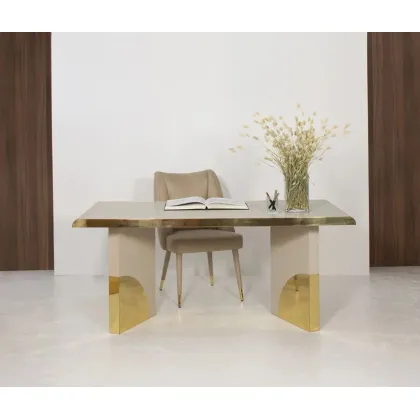 Picture Modern desk - cream oak with open grain and polished brass