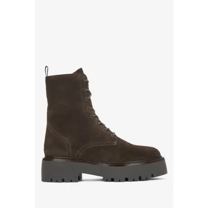 Zdjęcie Estro: Ciemnobrązowe botki damskie z włoskiego weluru naturalnego