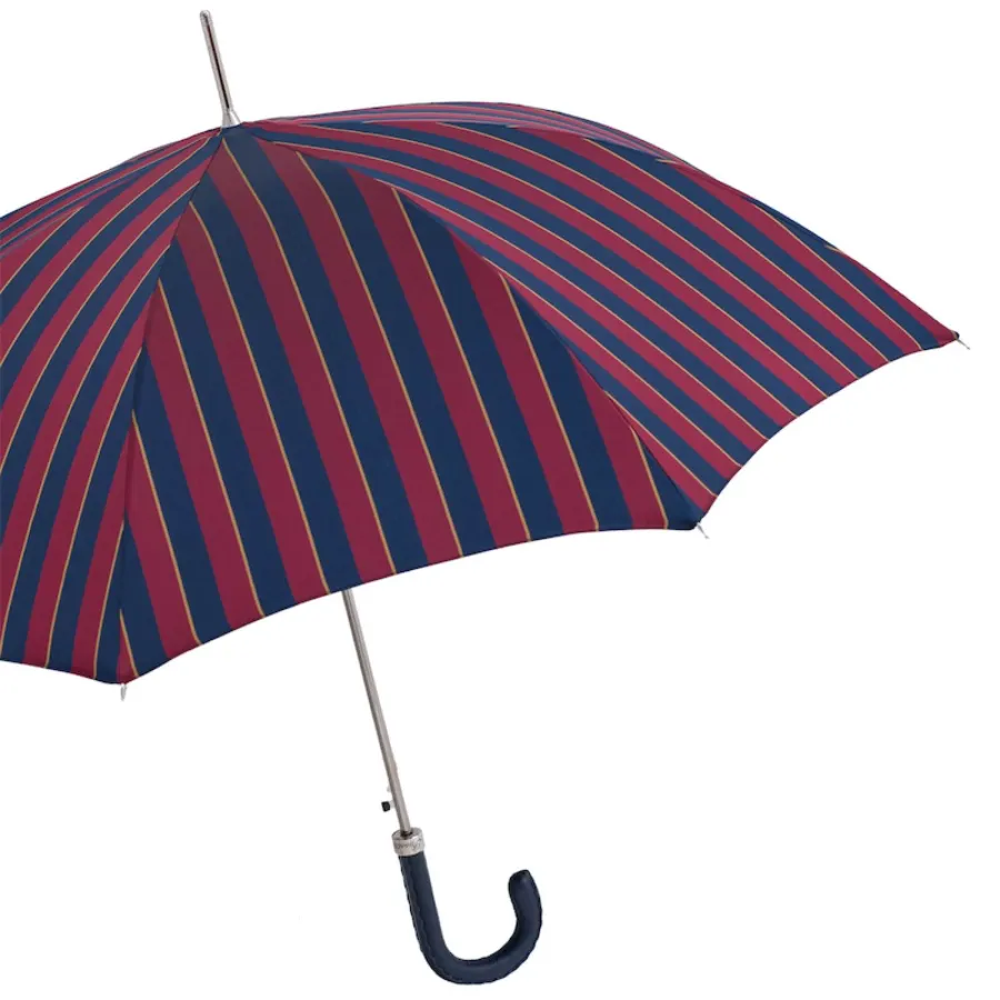 obrazek 7 Elegancki parasol męski w granatowo bordowe paski ze skórzaną rączką – Pasotti