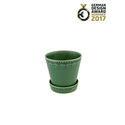 Zdjęcie Wiejski zielony wazon ceramiczny z podstawką - Bordallo Pinheiro
