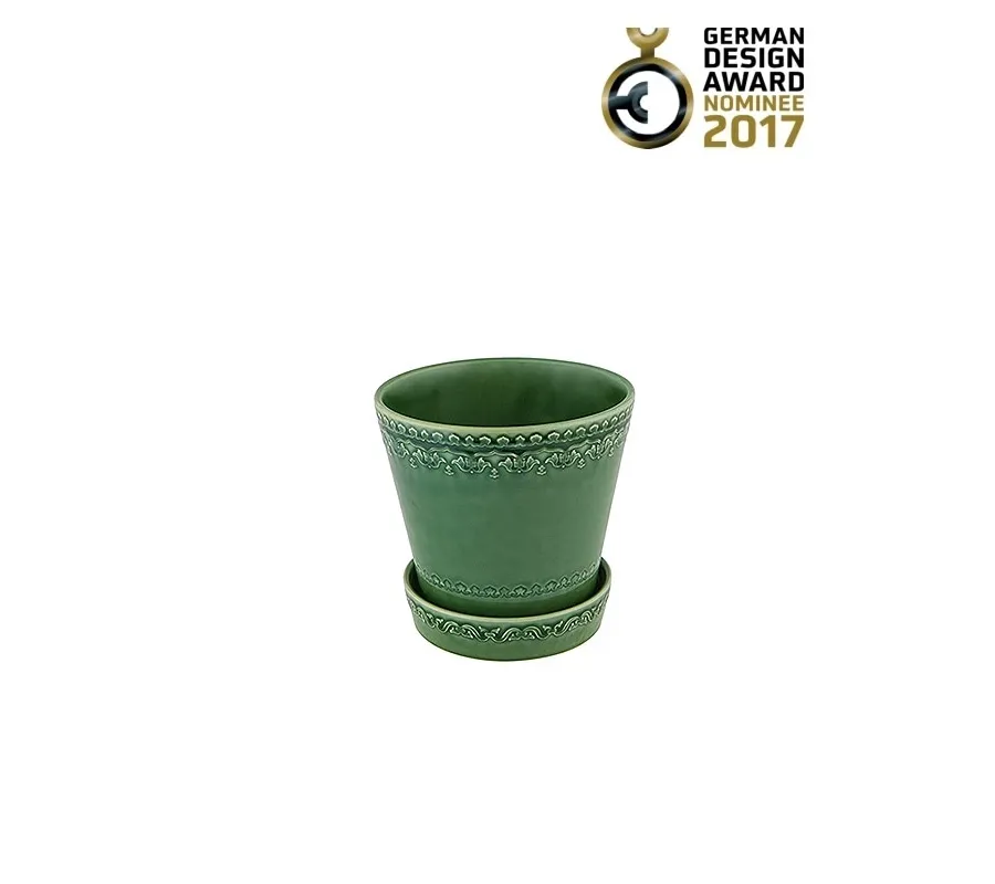 obrazek 1 Wiejski zielony wazon ceramiczny z podstawką - Bordallo Pinheiro