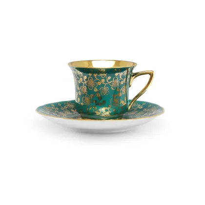 Zdjęcie Porcelanowa filiżanka do espresso Windsor ze spodkiem w kolorze ciemnozielonym zdobiona złotym motywem kwiatowym – Leander