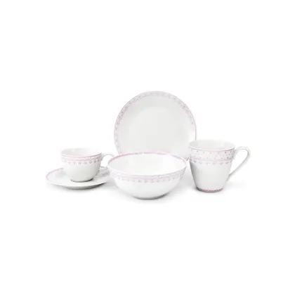 Zdjęcie 5-elementowy komplet śniadaniowy z porcelany w kolorze różowym zdobiony pięknym motywem – wariant 1 – Leander