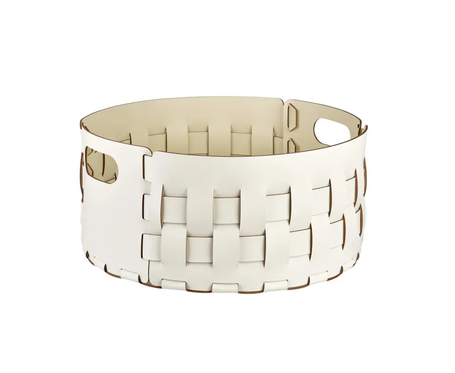 obrazek 1 Biały okrągły kosz Bottega Ø40xH20 cm wykonany ze skóry