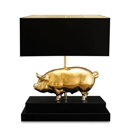 Zdjęcie Czarna lampa ze złotą świnką - ceramika