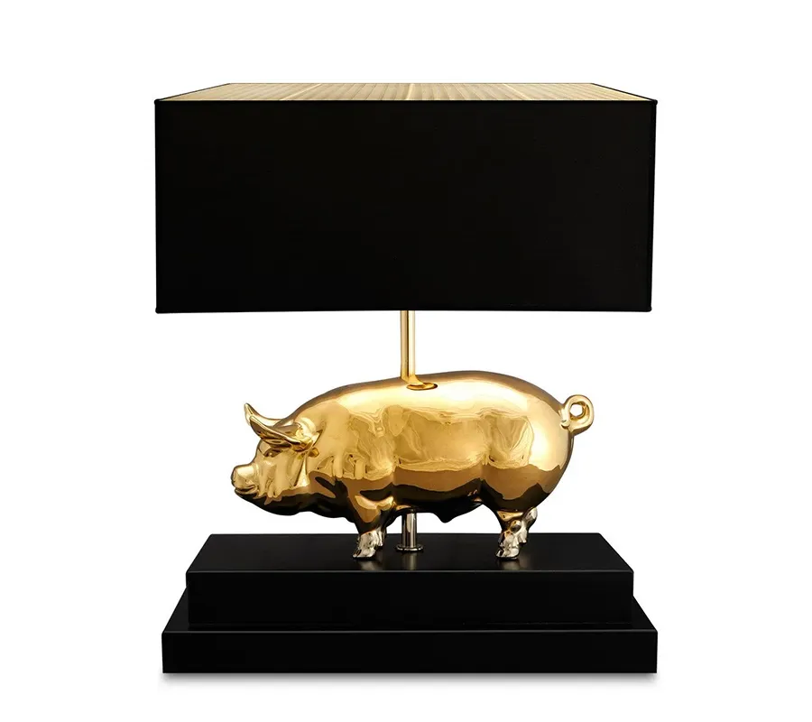 obrazek 1 Czarna lampa ze złotą świnką - ceramika