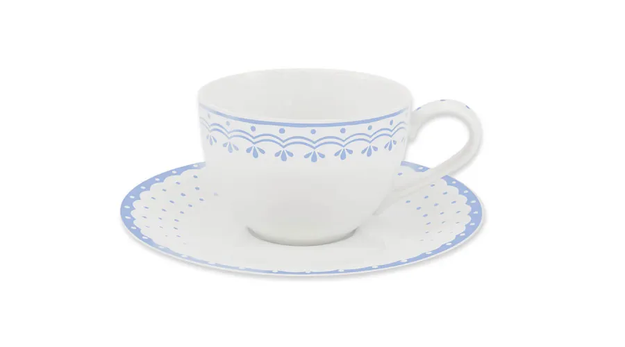 obrazek 1 Elegancka filiżanka ze spodkiem z porcelany zdobiona jasnoniebieskim ornamentem z kolekcji HyggeLine – Leander