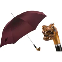 Zdjęcie Ekskluzywny parasol męski w kolorze burgundowym z rączką w kształcie głowy buldoga – Pasotti