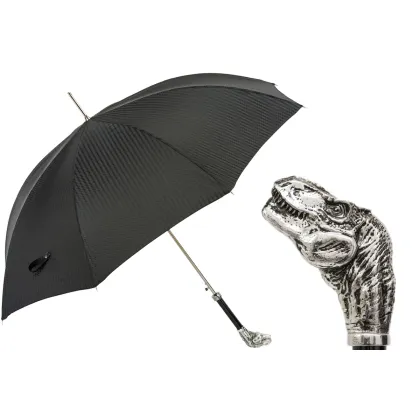 Picture Luxurious black striped men's umbrella with a handle in the shape of a dinosaur head - Pasotti
